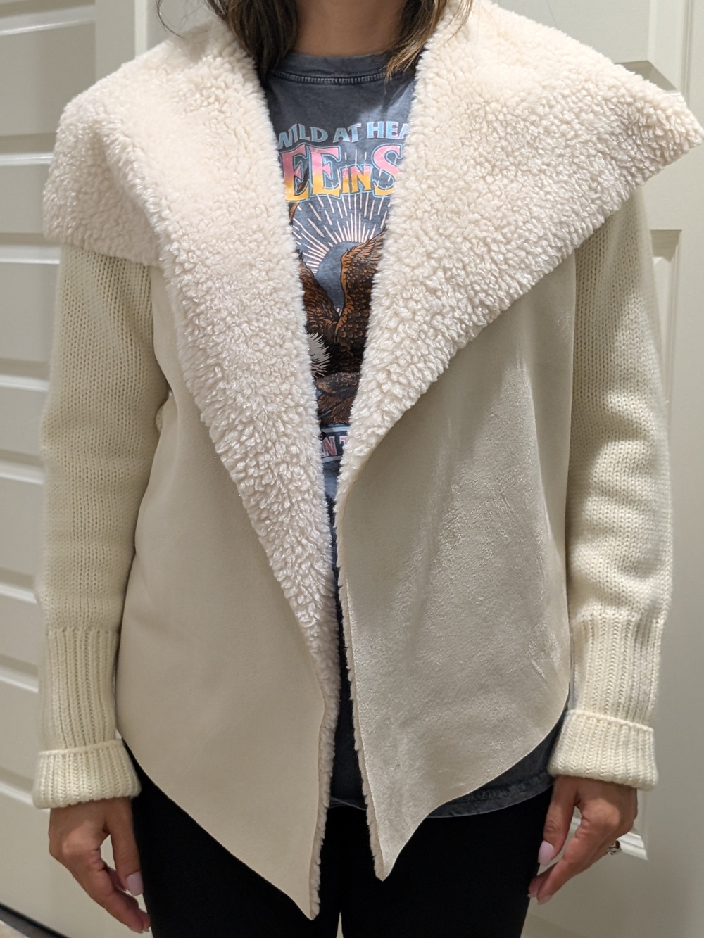 LOFT Outlet Faux Suede Sherpa Drape Cardigan Jacket Cream Small